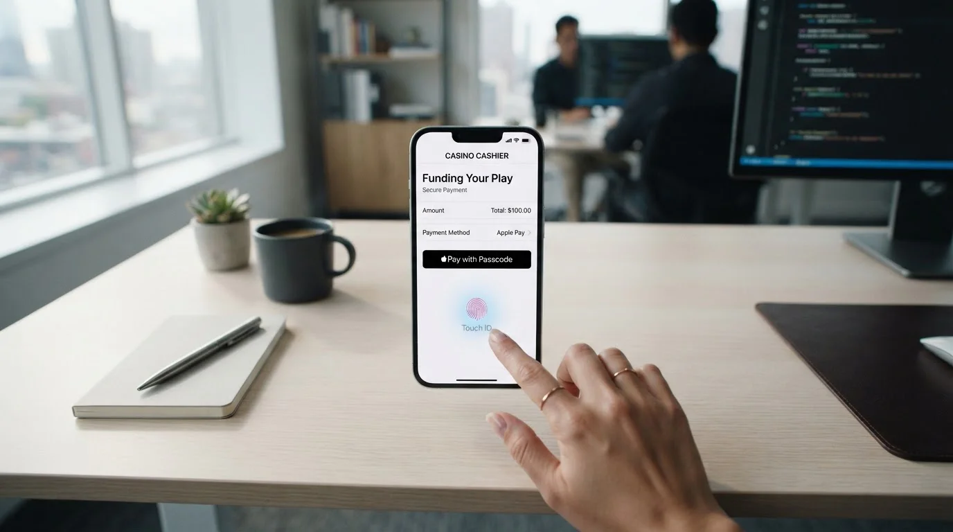 Pohled shora na iPhone s otevřenou pokladnou kasina a Apple Pay tlačítkem