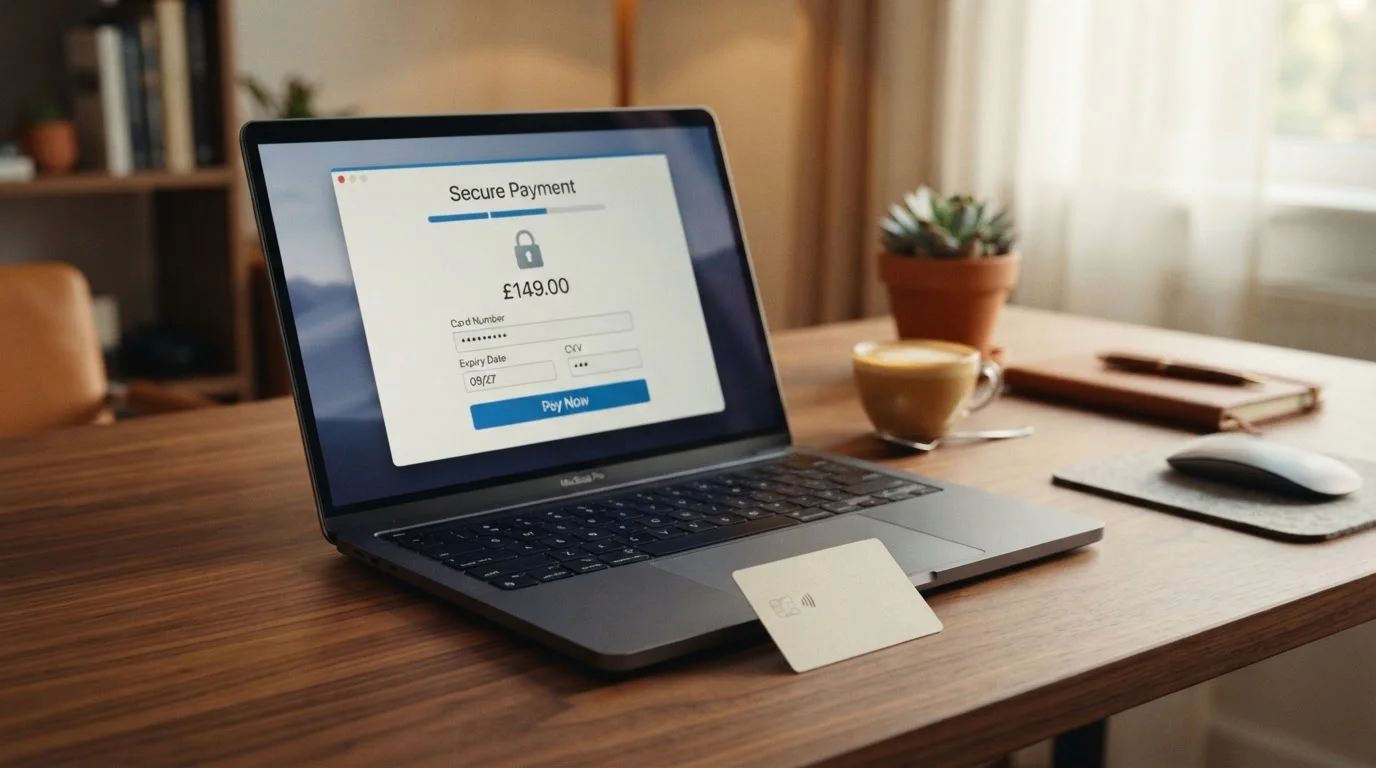 Platební karta na stole vedle laptopu s bezpečným platebním rozhraním