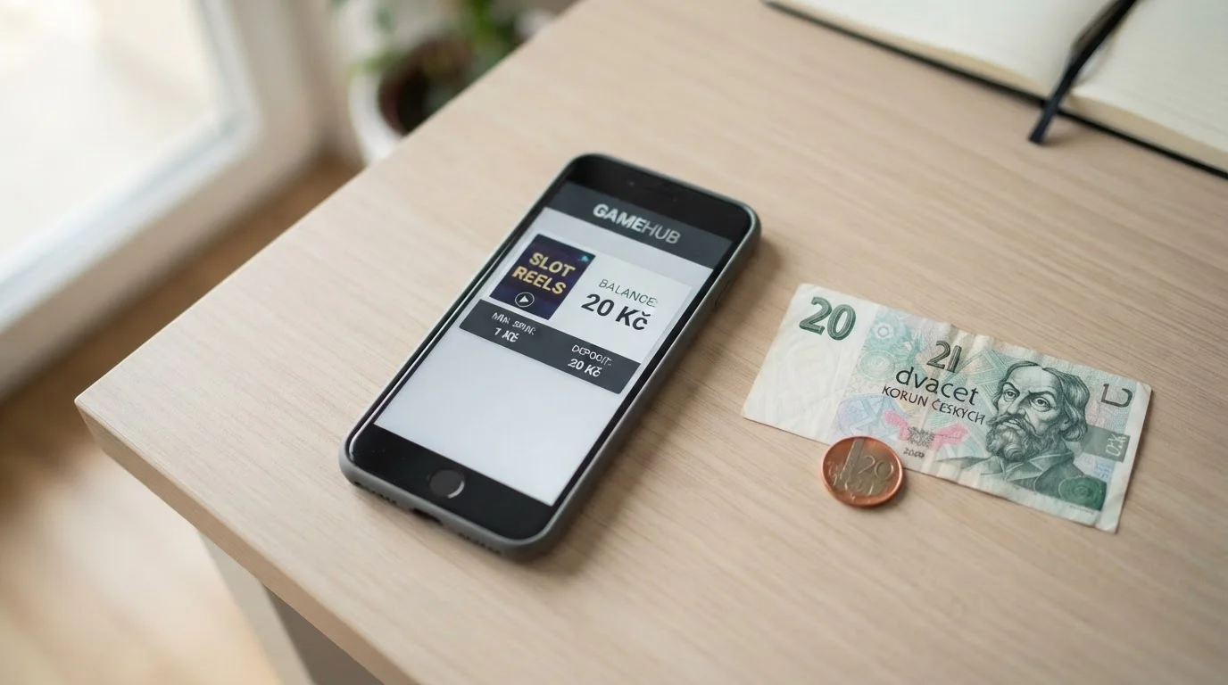 Smartphone zobrazující částku 20 Kč vedle bankovky