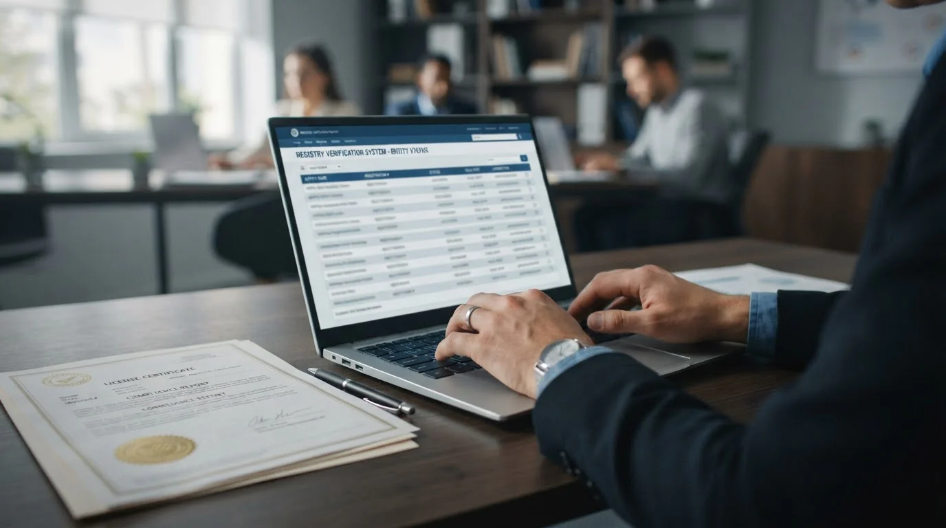 Ruce u notebooku kontrolující registr licence online