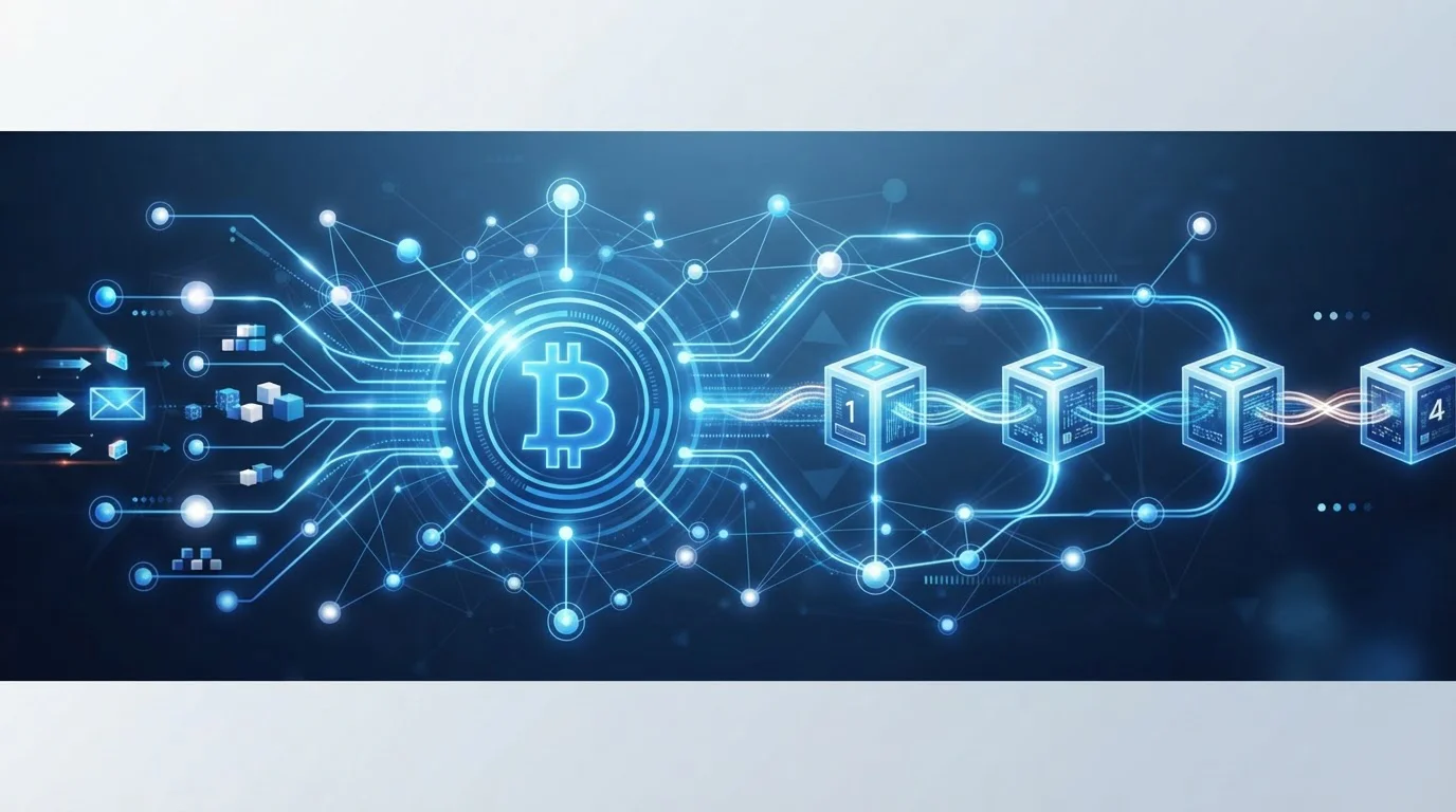Schematické zobrazení blockchain transakce s Bitcoin symbolem