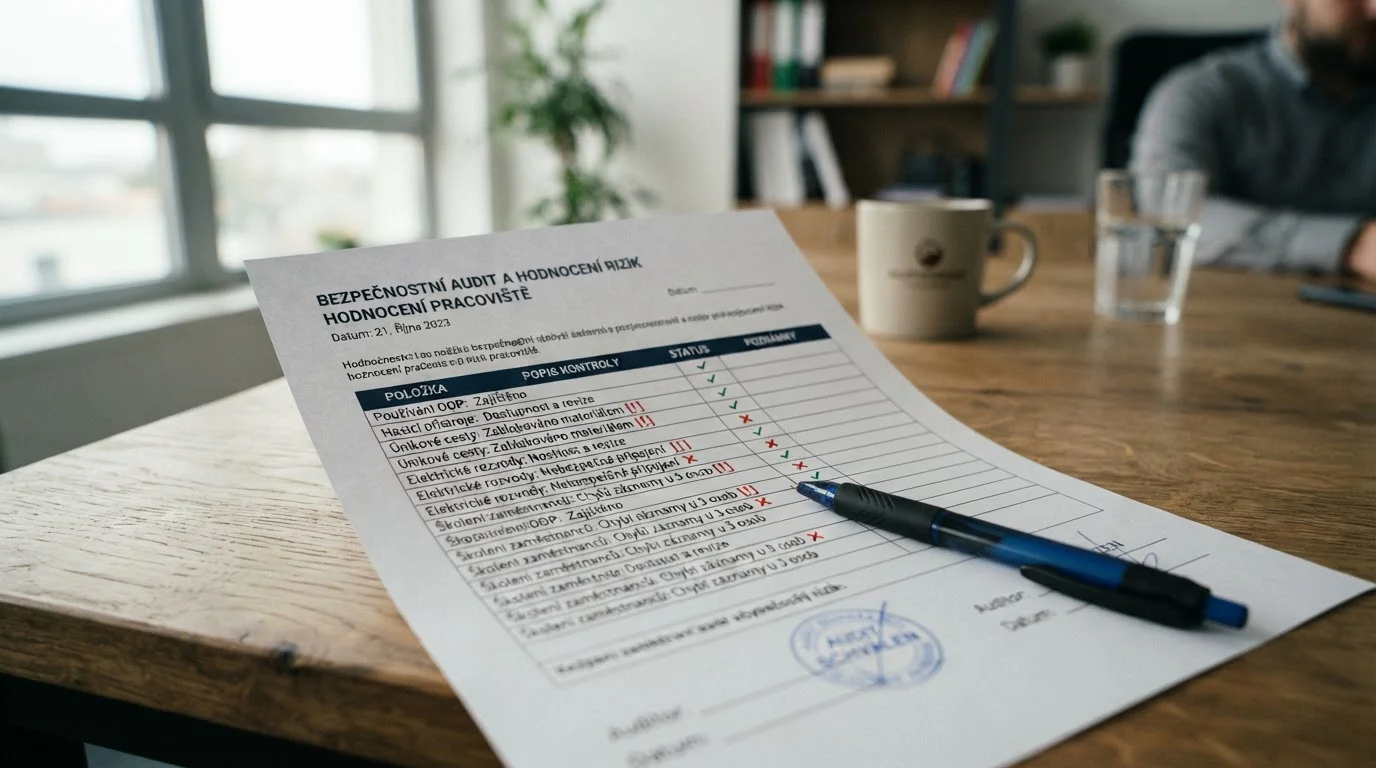 Checklist s červenými varováními u rizikových položek a zelenými fajfkami u bezpečných