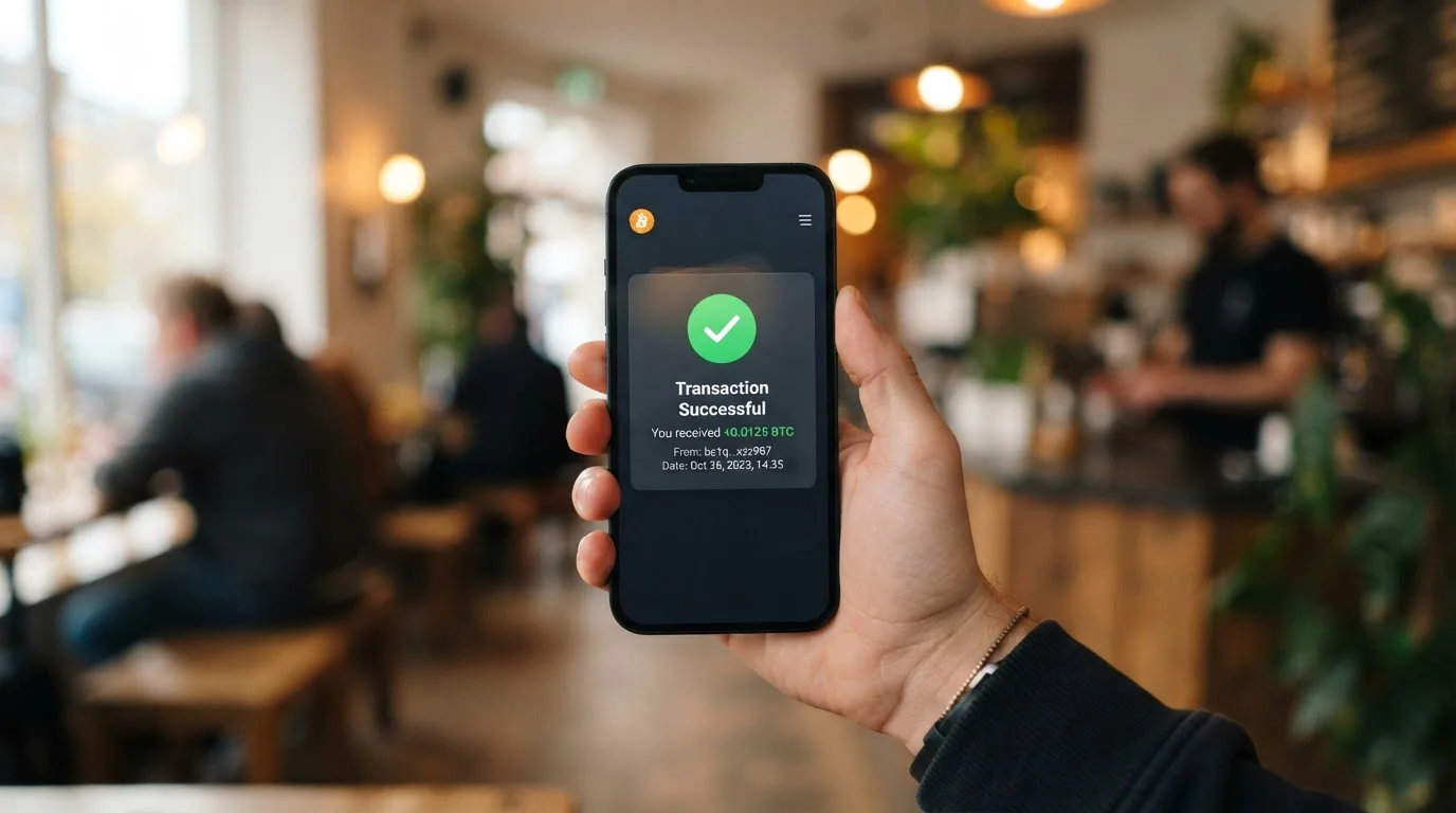 Smartphone s Bitcoin peněženkou a notifikací o přijatém výběru