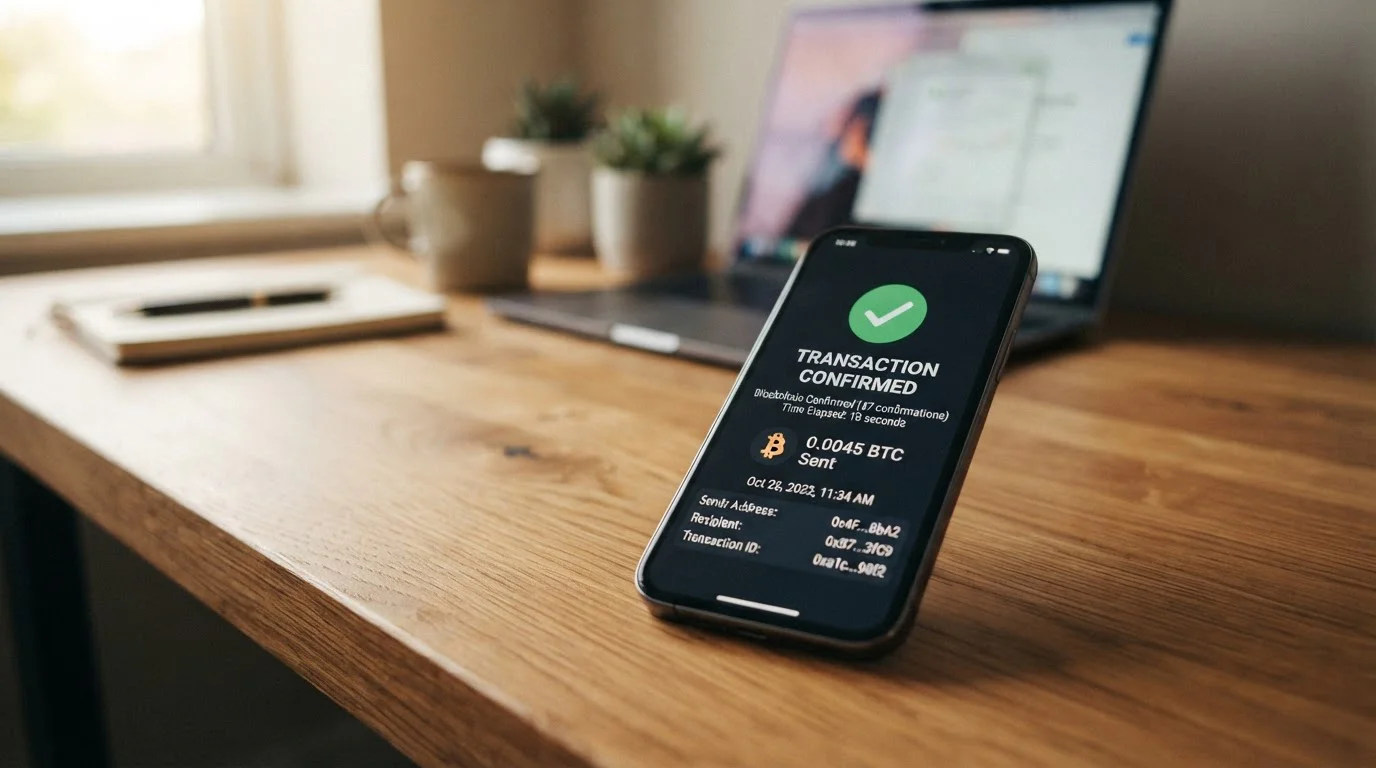Smartphone s krypto peněženkou zobrazující potvrzenou Bitcoin transakci z online kasina