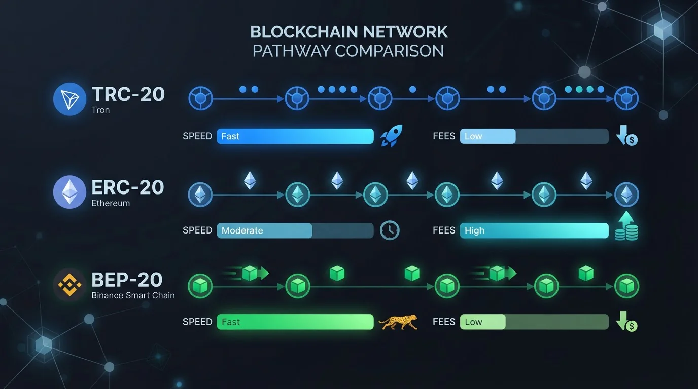 Diagram zobrazující TRC-20, ERC-20 a BEP-20 sítě s porovnáním rychlosti a poplatků