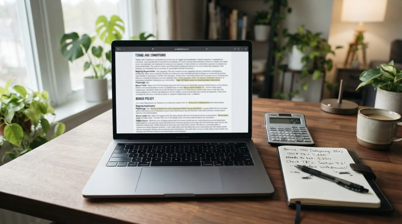 Notebook s bonusovými podmínkami a kalkulačkou ukazující požadavek na protočení před výběrem