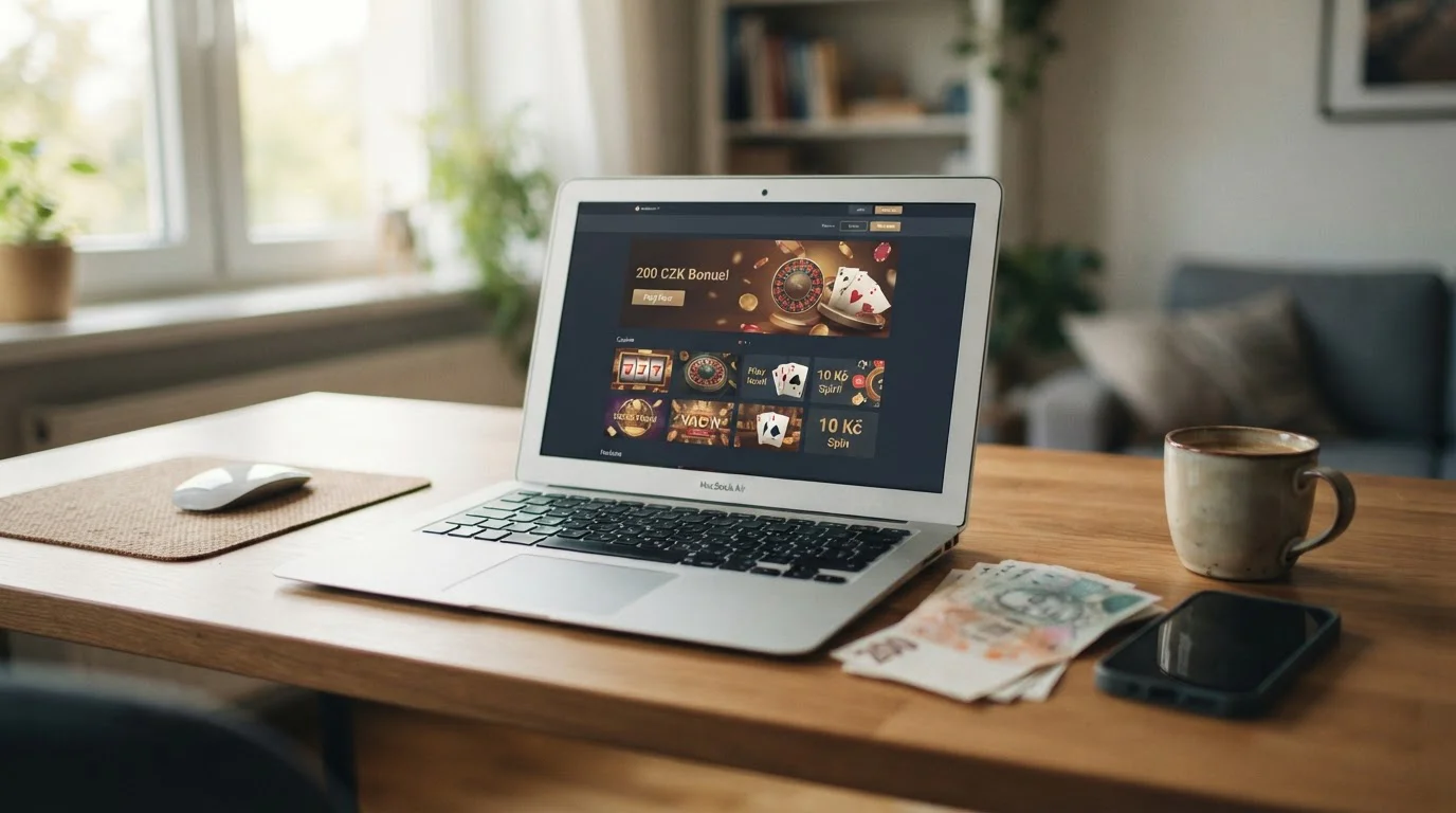 Laptop s online kasino rozhraním a české koruny na stole