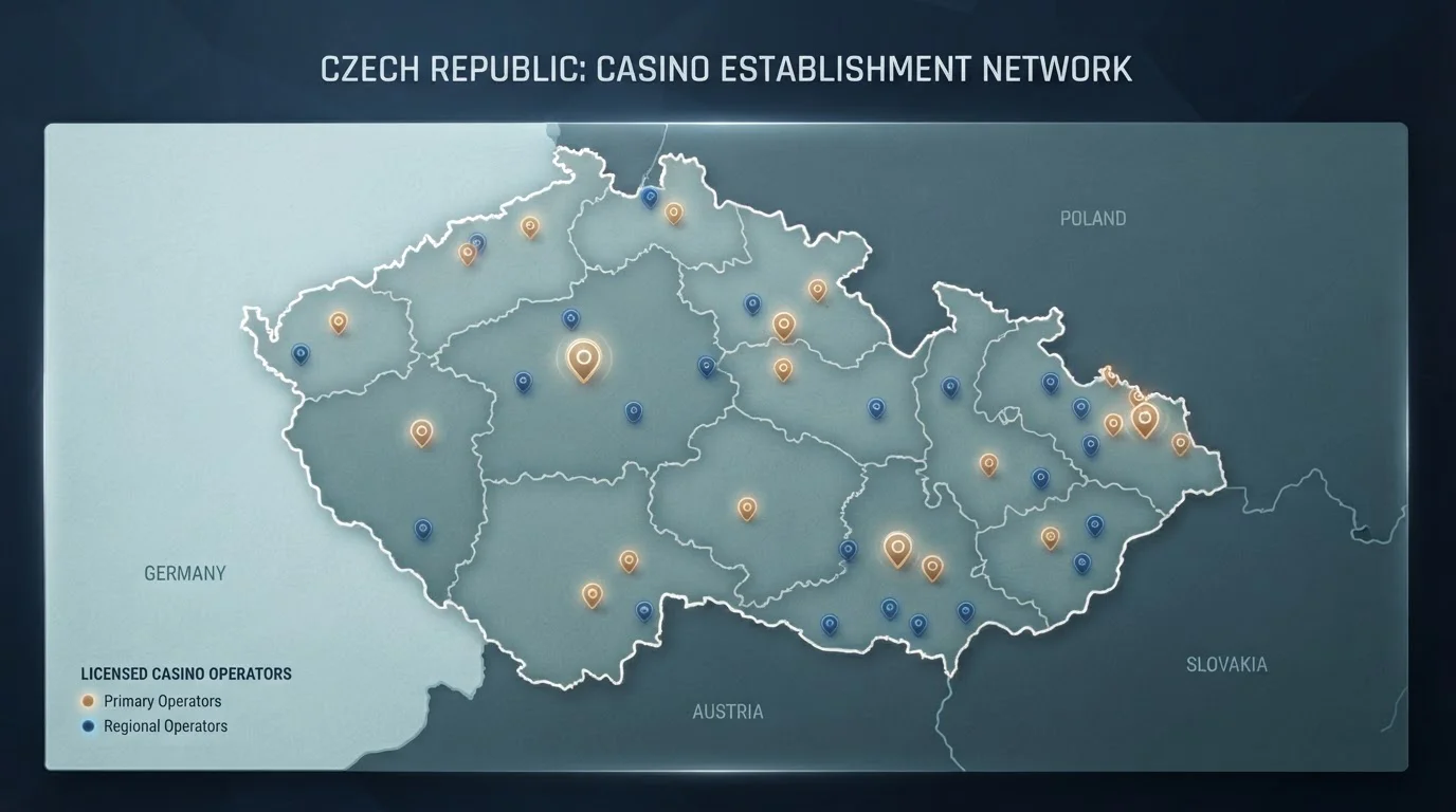 Mapa České republiky s označením poboček licencovaných casin