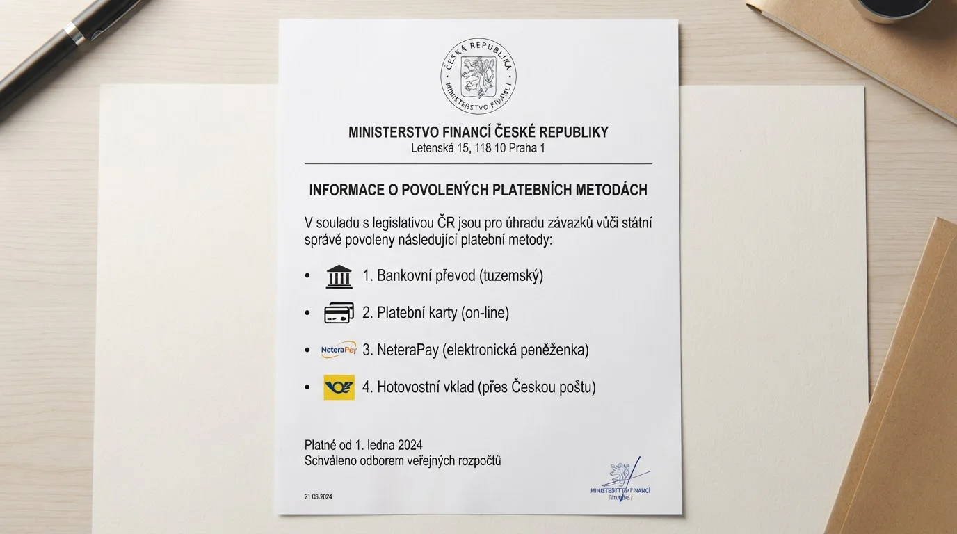 Dokument s logem Ministerstva financí ČR a seznamem platebních metod