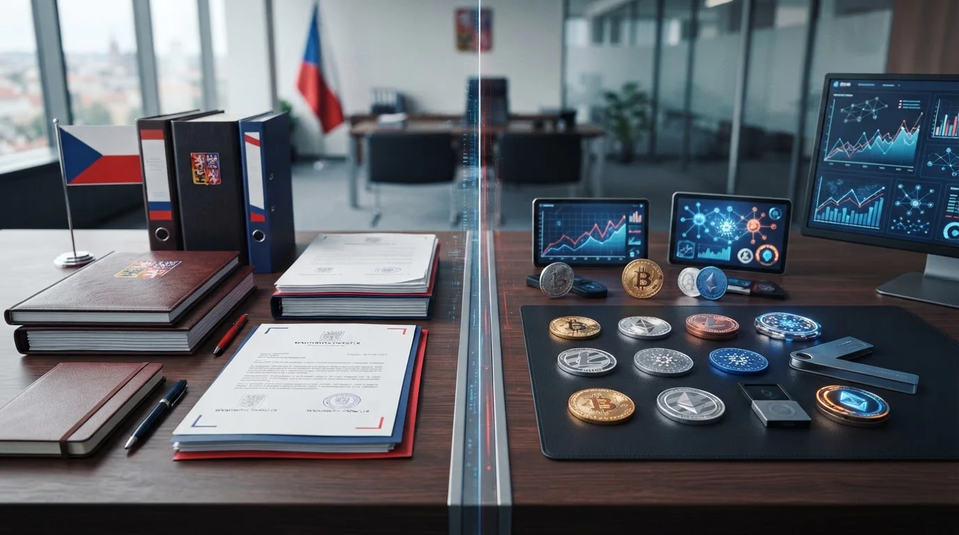 Dokumenty s českou vlajkou a crypto tokeny oddělené symbolickou hranicí