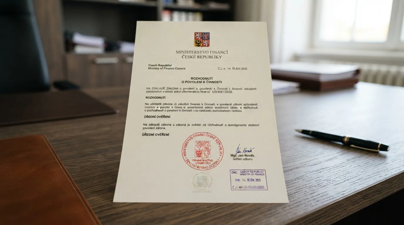 Oficiální dokument s razítkem Ministerstva financí ČR a symbolem licence