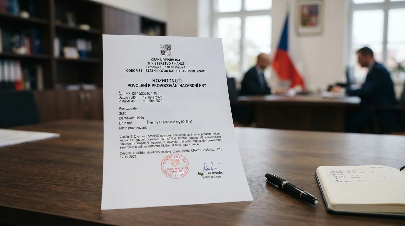 Dokument české licence Ministerstva financí pro online kasino