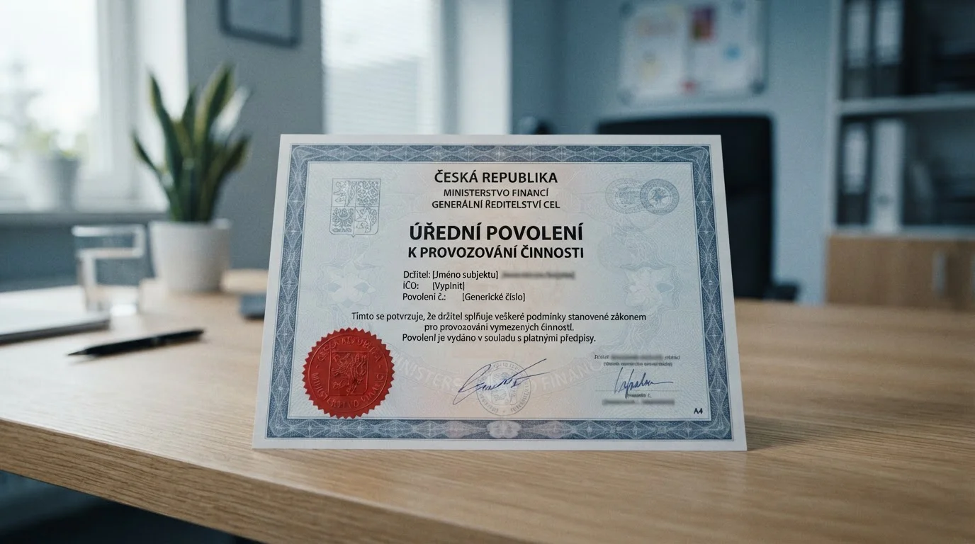 Oficiální dokument licence od Ministerstva financí na stole