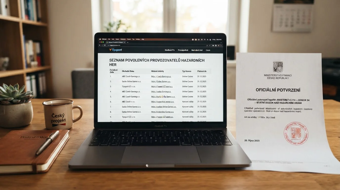 Seznam českých licencovaných casin na obrazovce notebooku s oficiálním razítkem Ministerstva financí