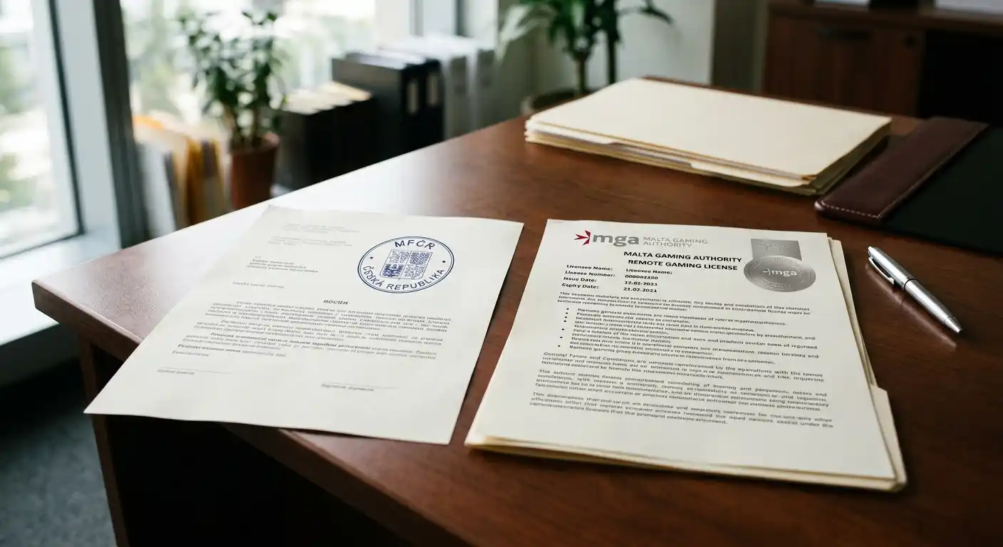 Dokument s českým razítkem MFČR vedle mezinárodní licence MGA