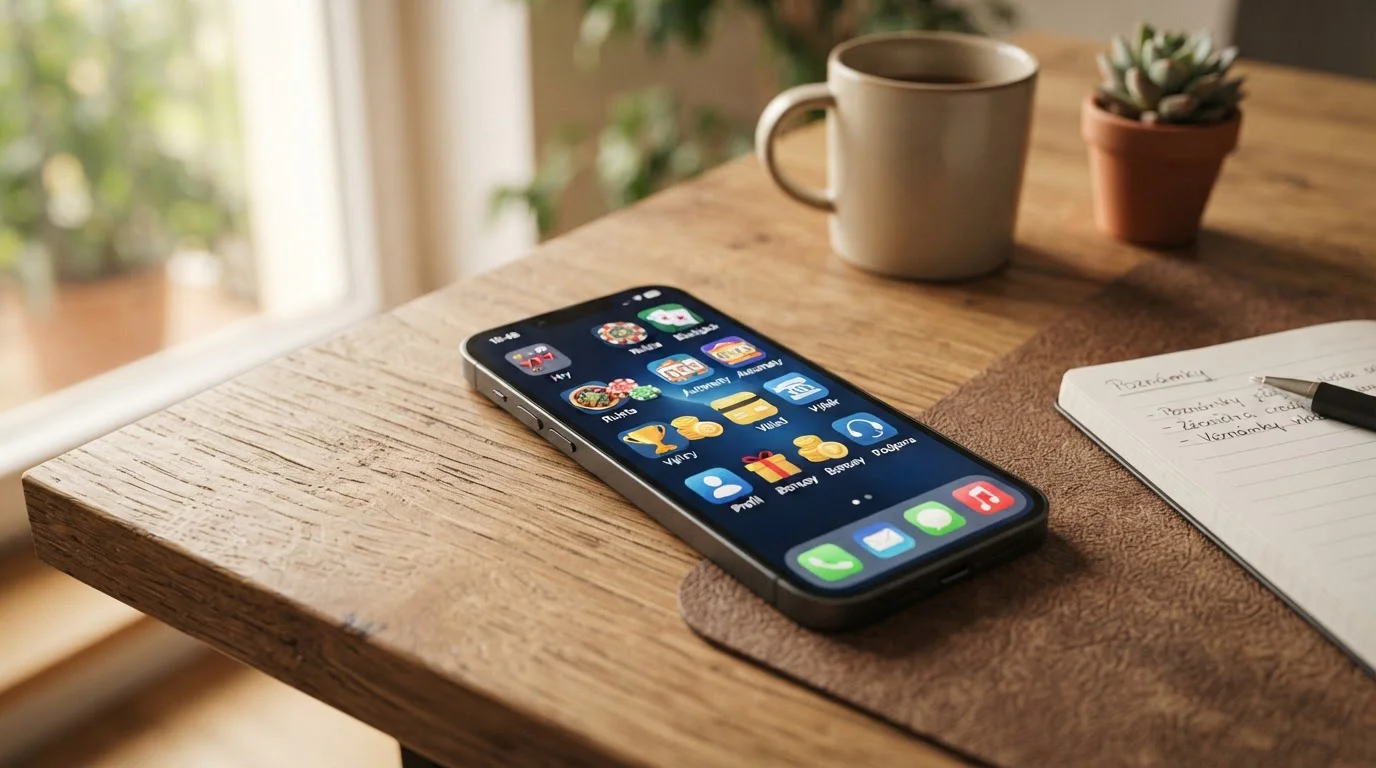 Mobilní aplikace českých casin na smartphone obrazovce