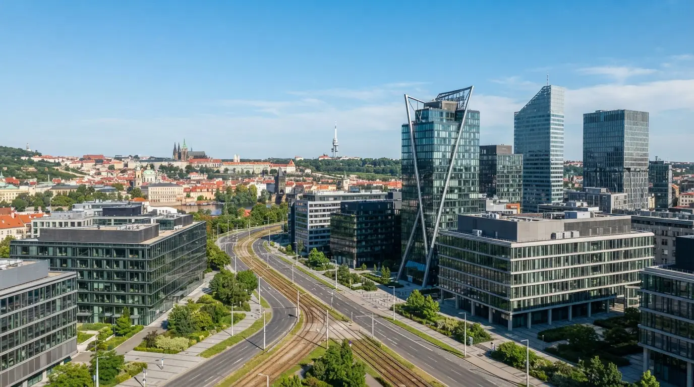 Pražská panoráma s moderními kancelářskými budovami