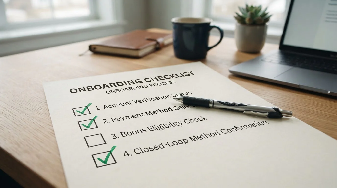 Checklist optimalizace výběru s kroky ověření účtu volby metody a kontroly bonusů