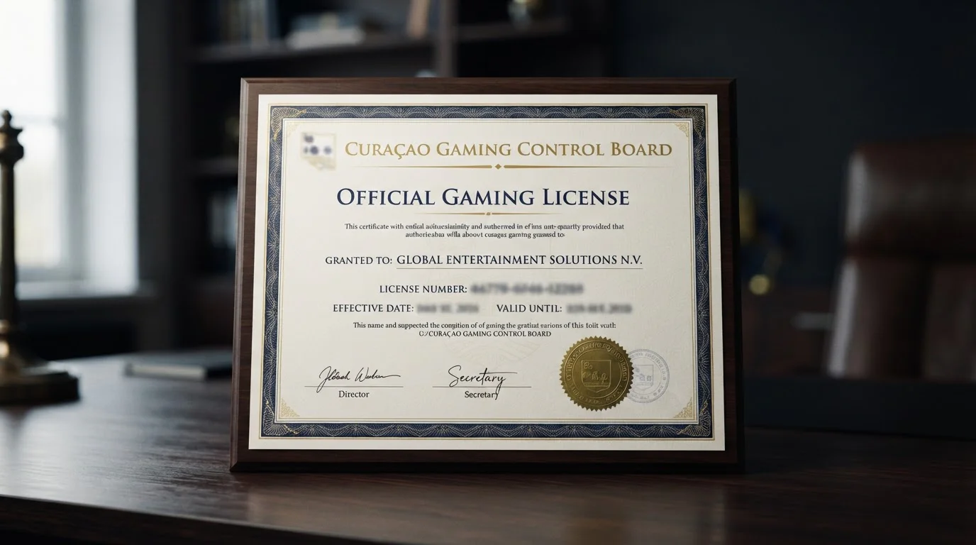 Certifikát licence Curacao Gaming Control Board na černém pozadí