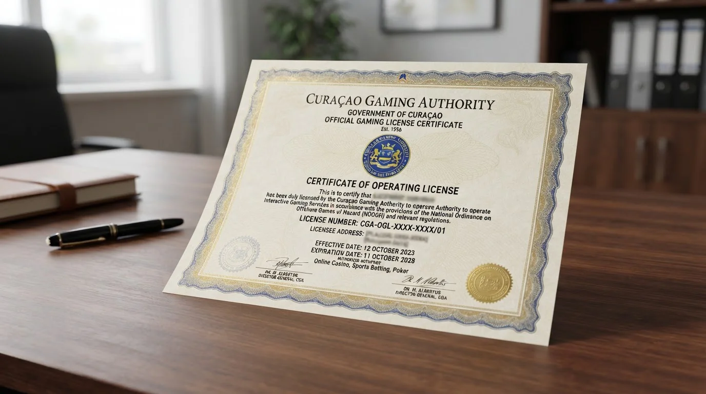 Dokument licence Curaçao s razítkem a číslem OGL