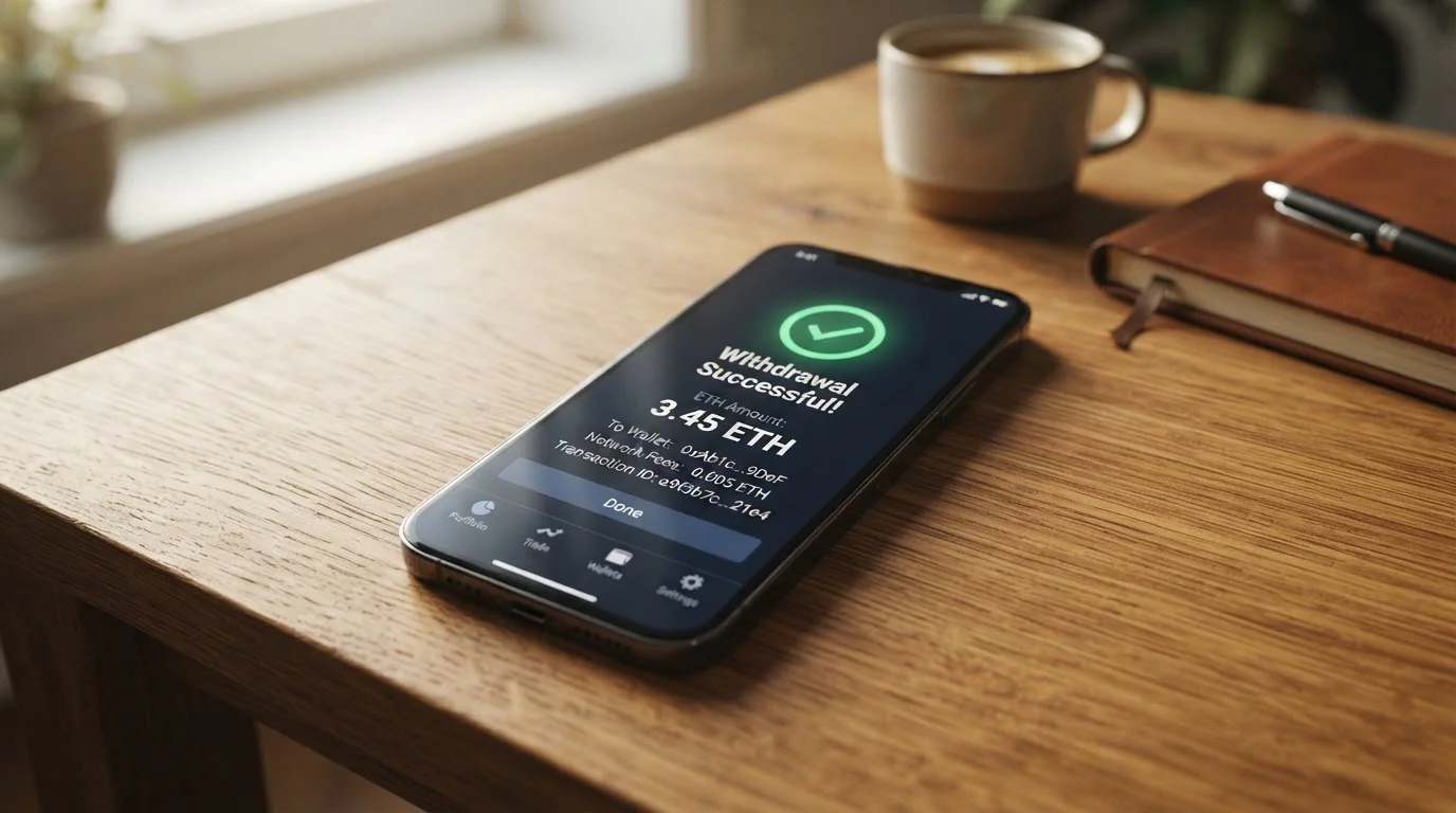 Notifikace o úspěšném crypto výběru na mobilním telefonu
