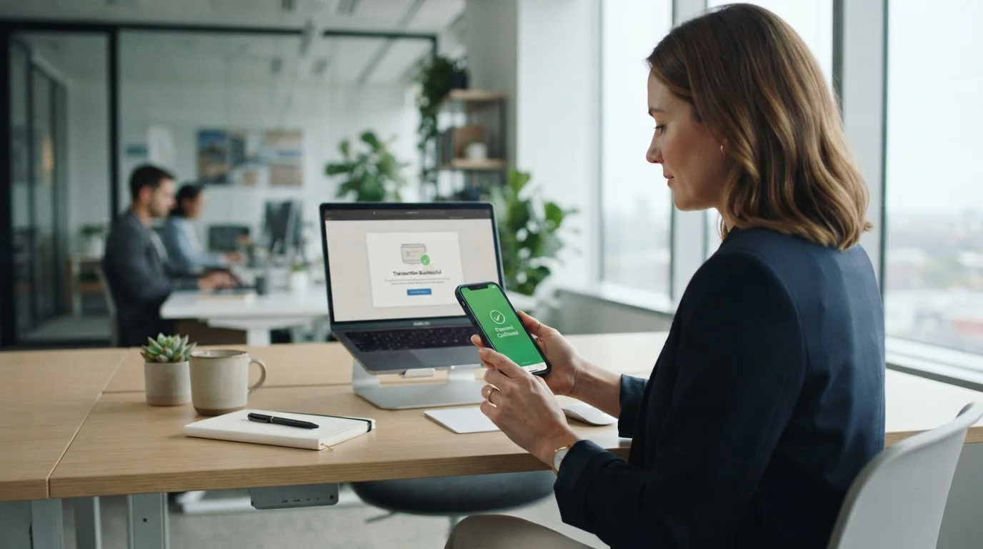 Osoba u stolu potvrzuje platbu na mobilu s notebookem na pozadí