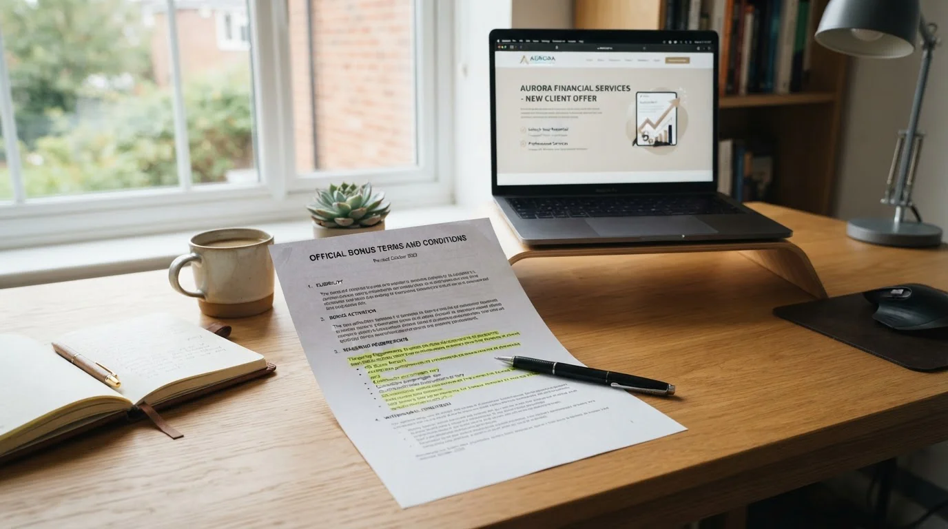Tištěné podmínky bonusů se zvýrazněnými sekcemi, pero a notebook