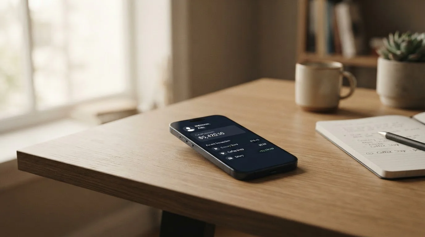 Moderní smartphone s platebním rozhraním na stole