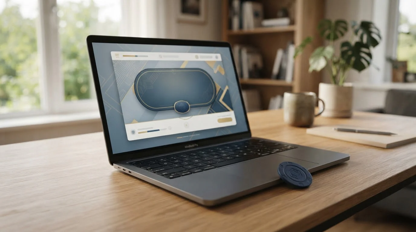 Moderní notebook s otevřeným online kasinem a symbolickým žetonem na stole