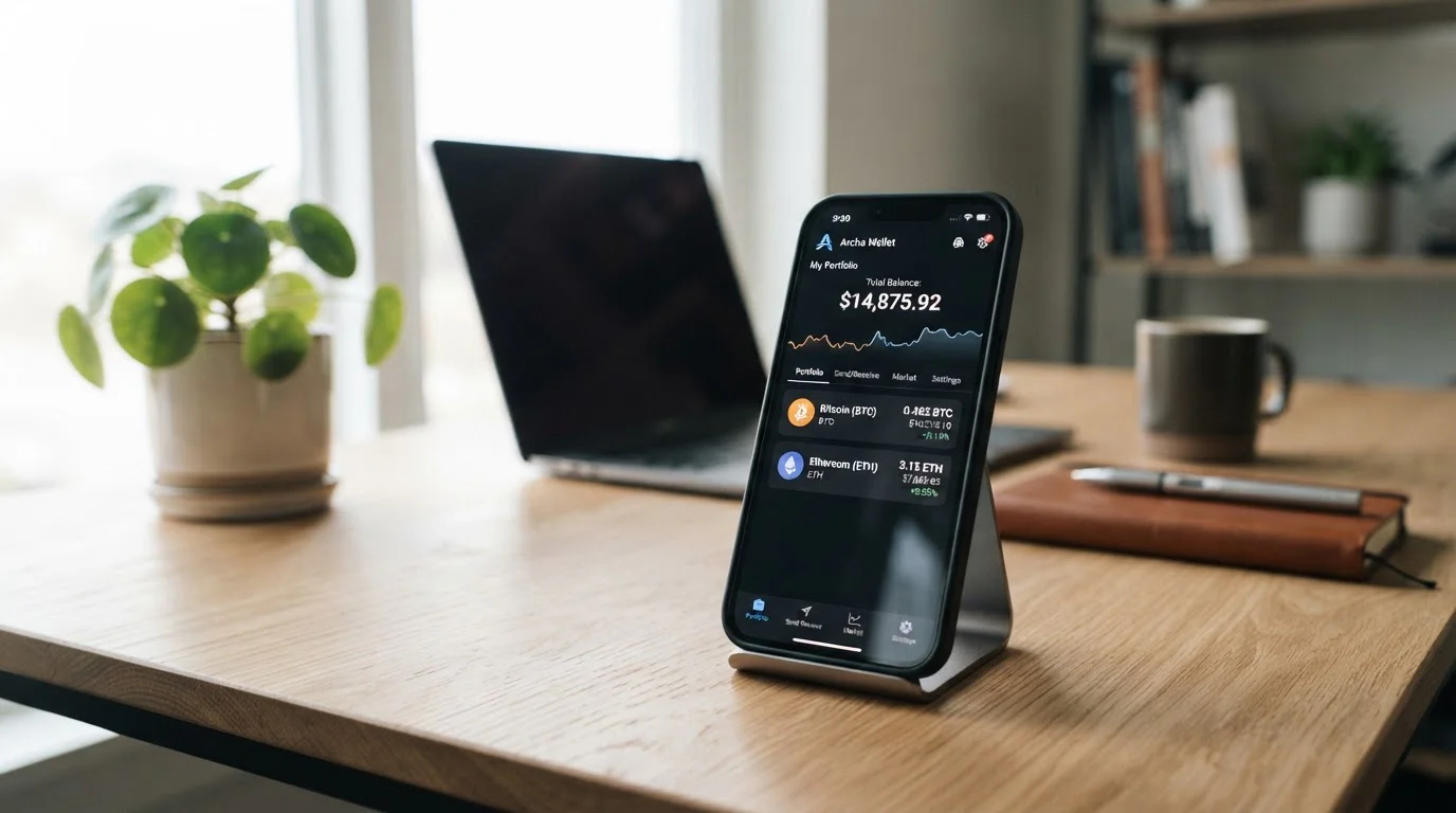 Krypto peněženka s Bitcoin a Ethereum ikonami na mobilním telefonu