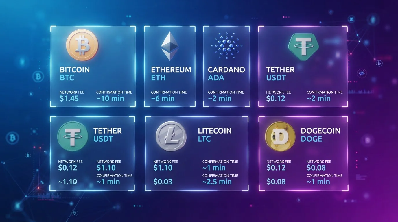 Ikony různých kryptoměn s označením network fees a rychlosti potvrzení