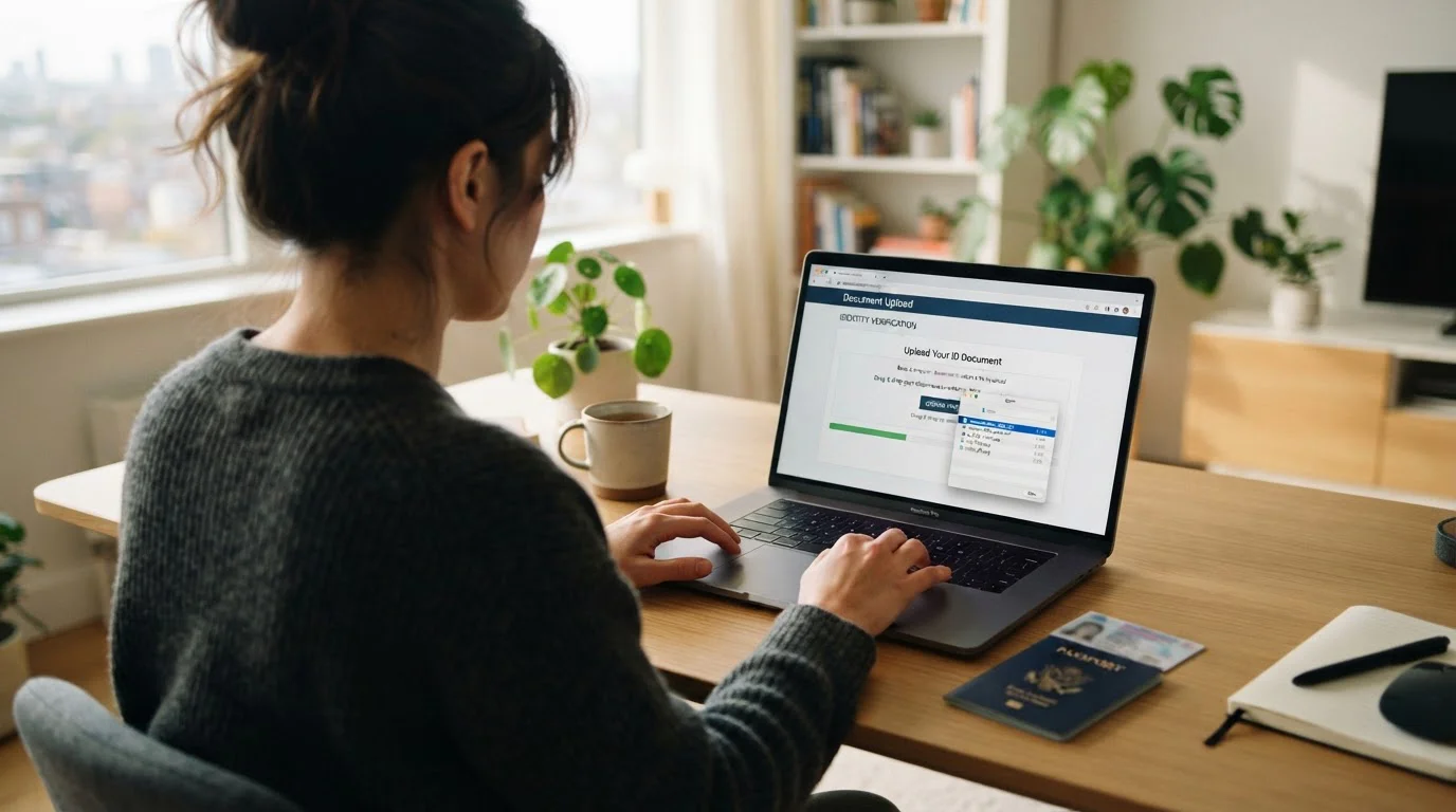 Osoba nahrávající doklady totožnosti na notebook pro KYC ověření