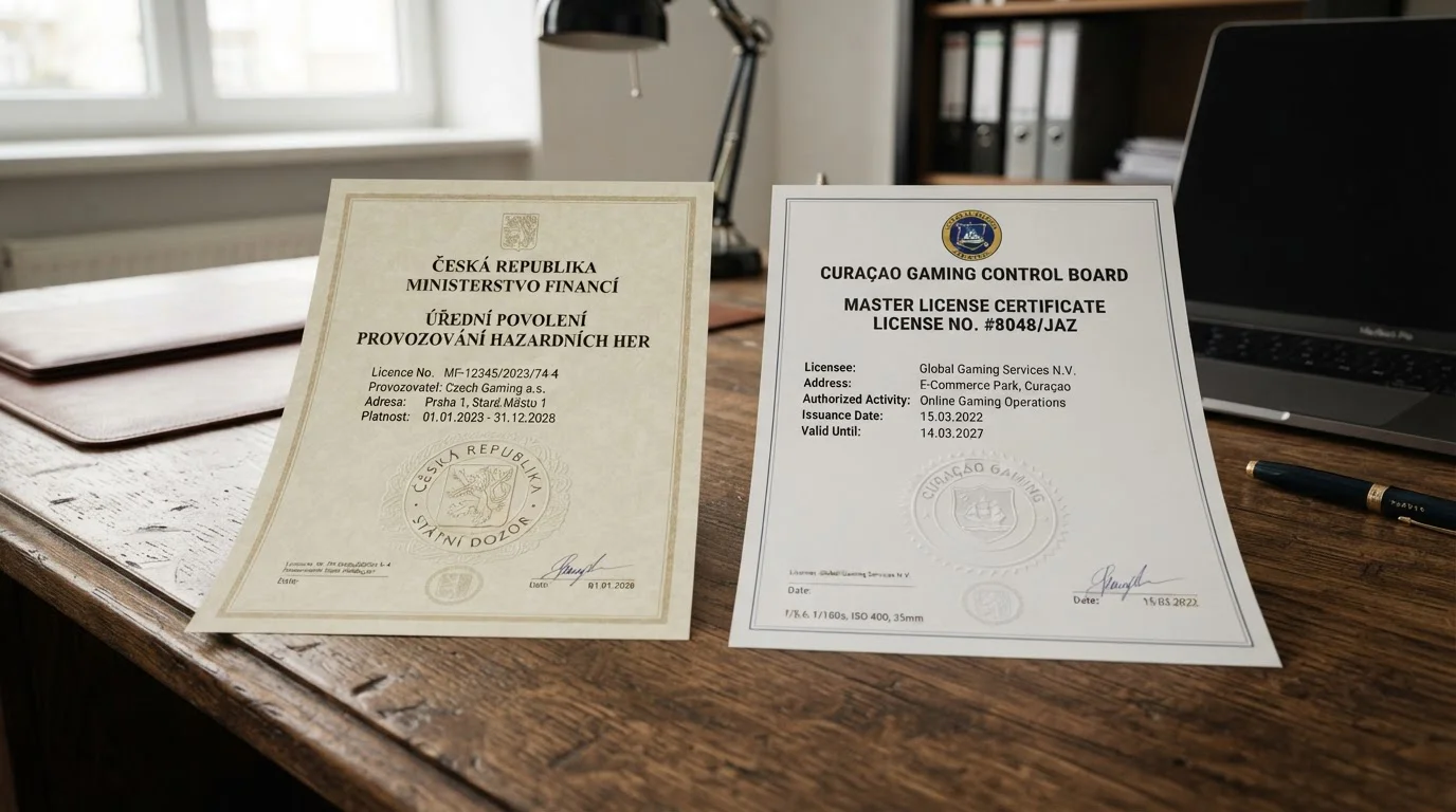 Licenční dokument MFČR vedle mezinárodní Curaçao licence na pracovním stole