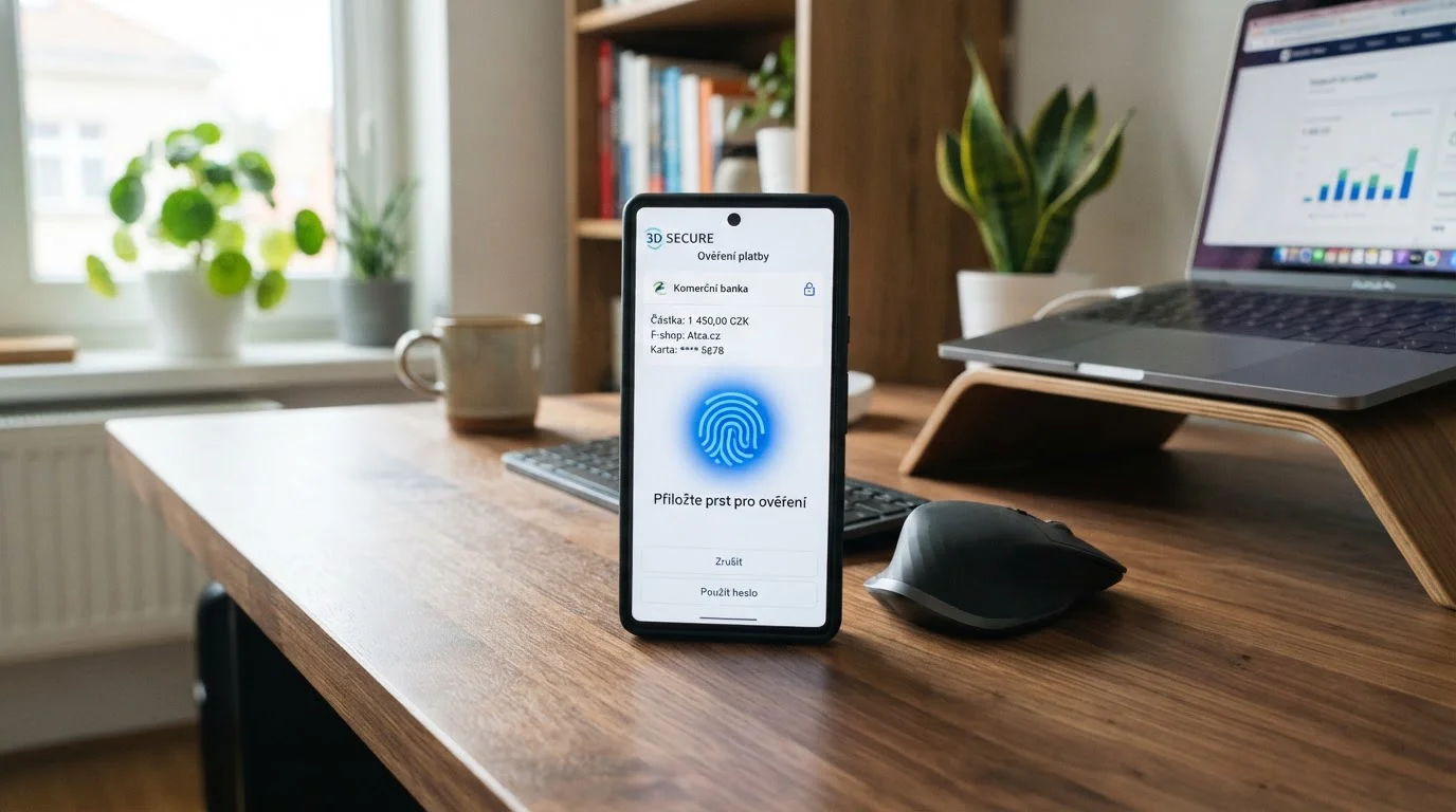 Mobilní telefon s 3D Secure ověřením při platbě Mastercard