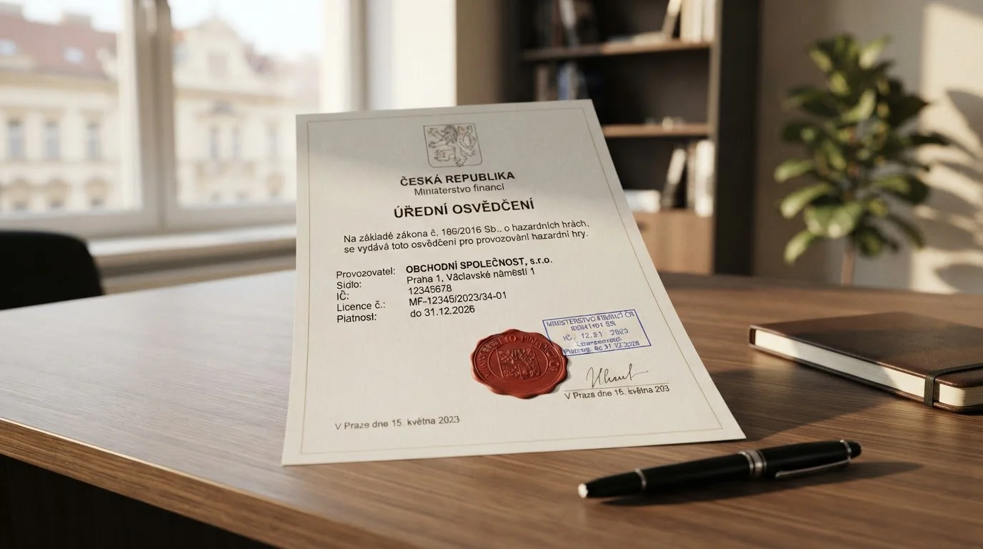 Dokument s MFČR licencí a oficiální pečetí