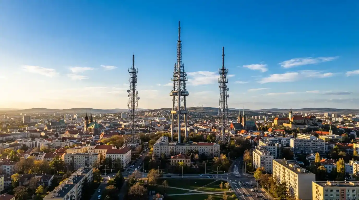 Věže mobilních operátorů T-Mobile, O2 a Vodafone na obzoru města