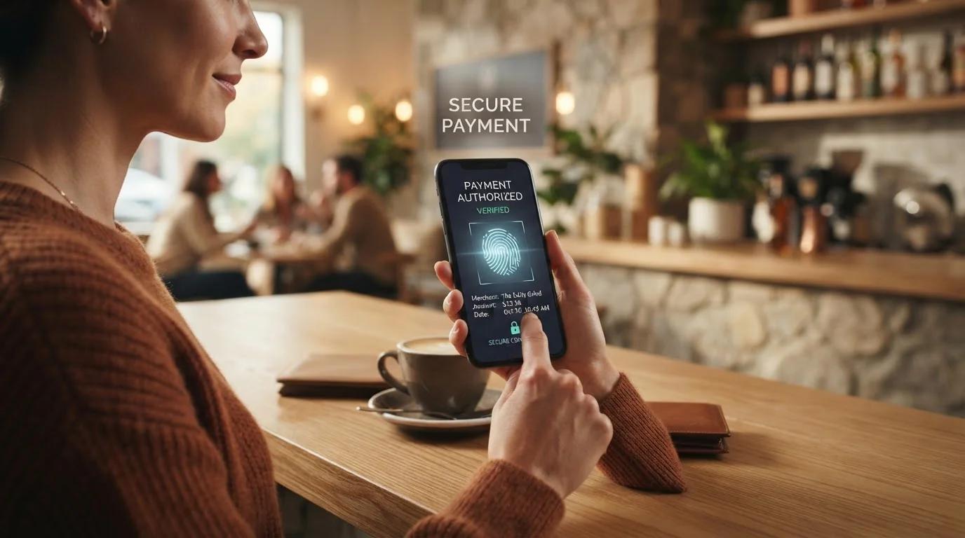 Smartphone s biometrickým ověřením otiskem prstu a Face ID pro potvrzení mobilní platby