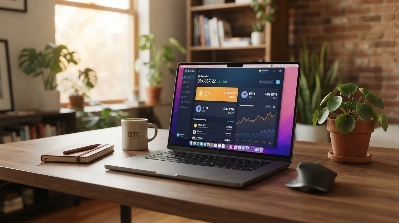 Moderní laptop s otevřenou krypto peněženkou a Bitcoin symboly na obrazovce