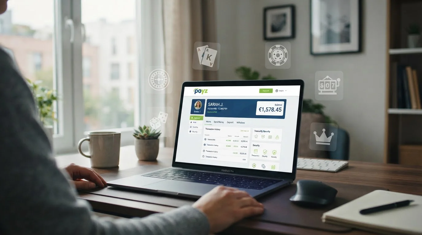 Laptop s otevřeným účtem Payz a několika logy kasin na obrazovce