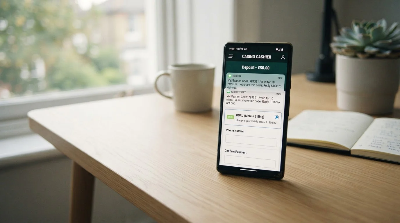Mobilní telefon s otevřenou aplikací kasina a potvrzením platby Boku přes SMS