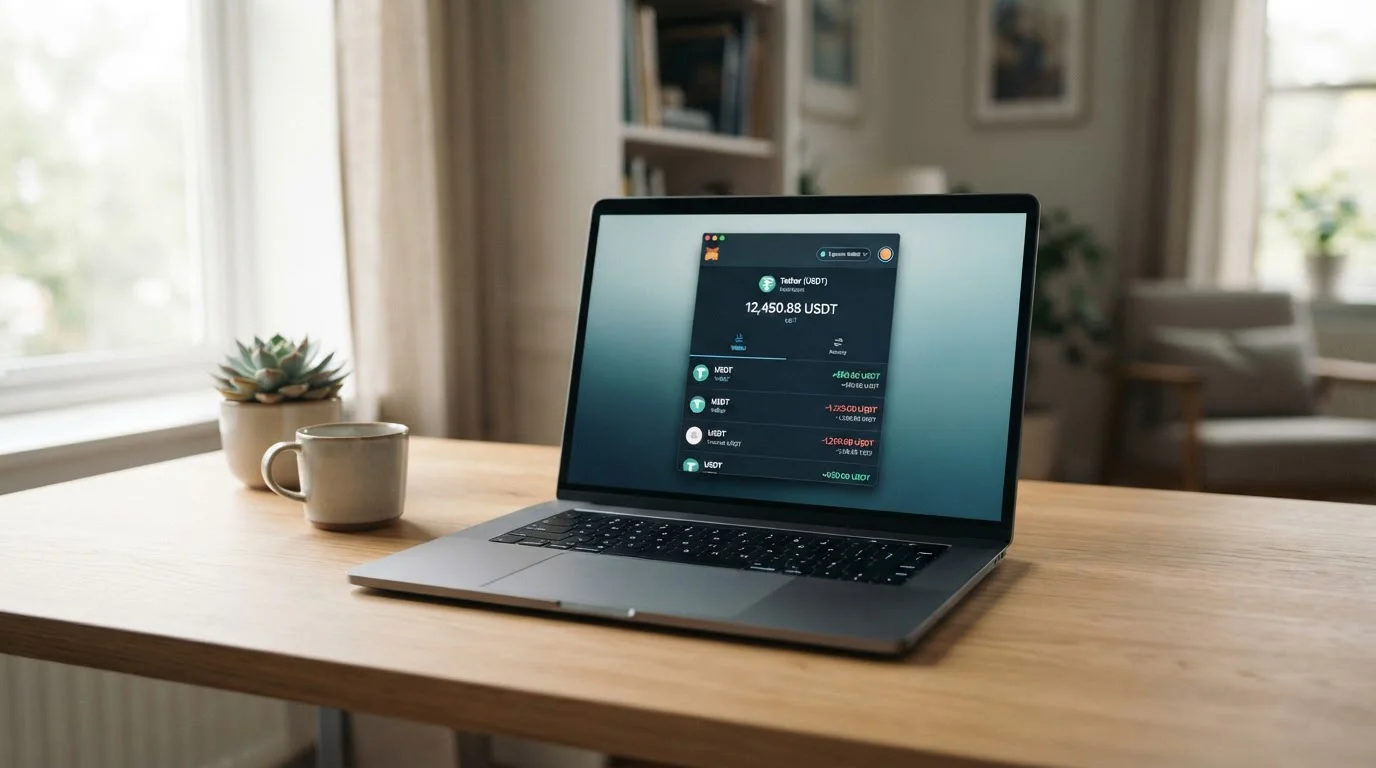 Laptop s otevřenou crypto peněženkou a USDT tokenem na displeji