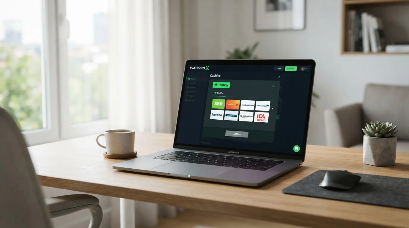 Moderní laptop s rozhraním online kasina a bankovní platbou přes Trustly