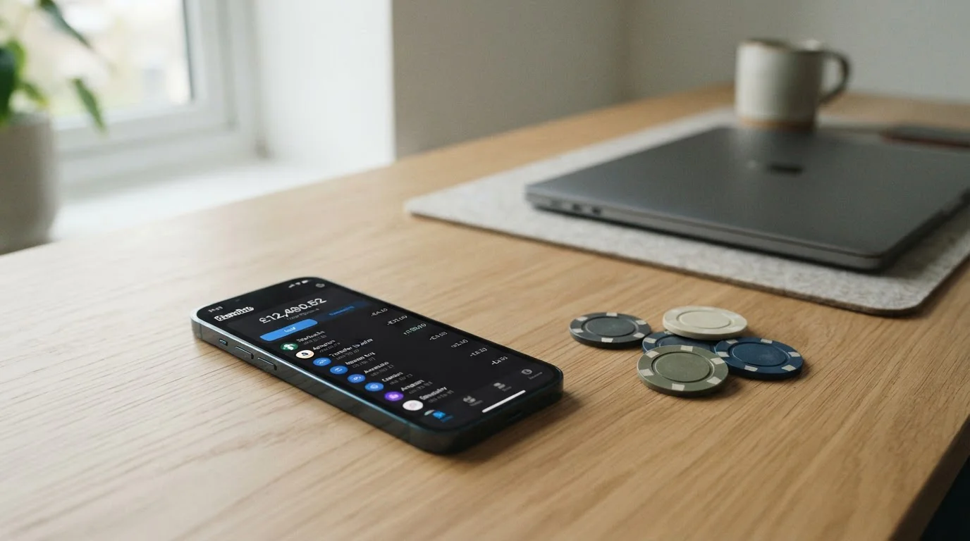 Moderní smartphone s otevřenou Revolut aplikací a kasino žetony na pracovním stole