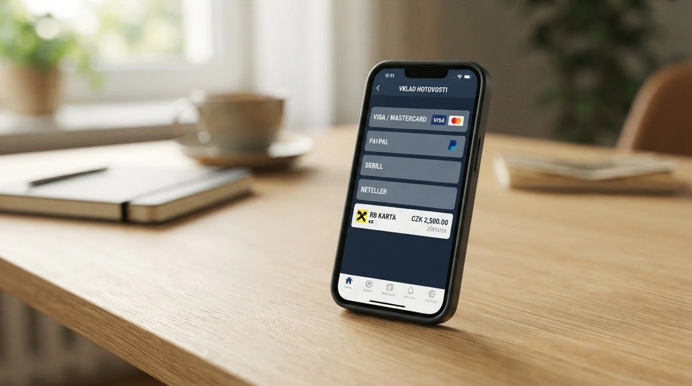 Smartphone s mobilní platbou a českým online casinem na obrazovce