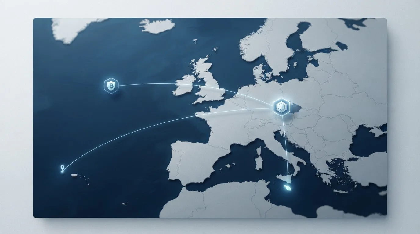 Mapa Evropy s vyznačenými zahraničními licenčními jurisdikcemi pro online kasina