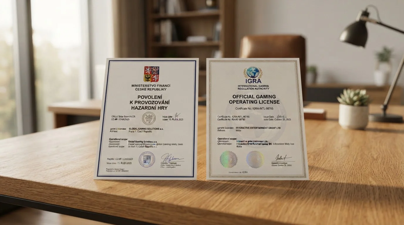 Srovnání české MFČR licence a mezinárodní gaming licence — dva úřední dokumenty vedle sebe