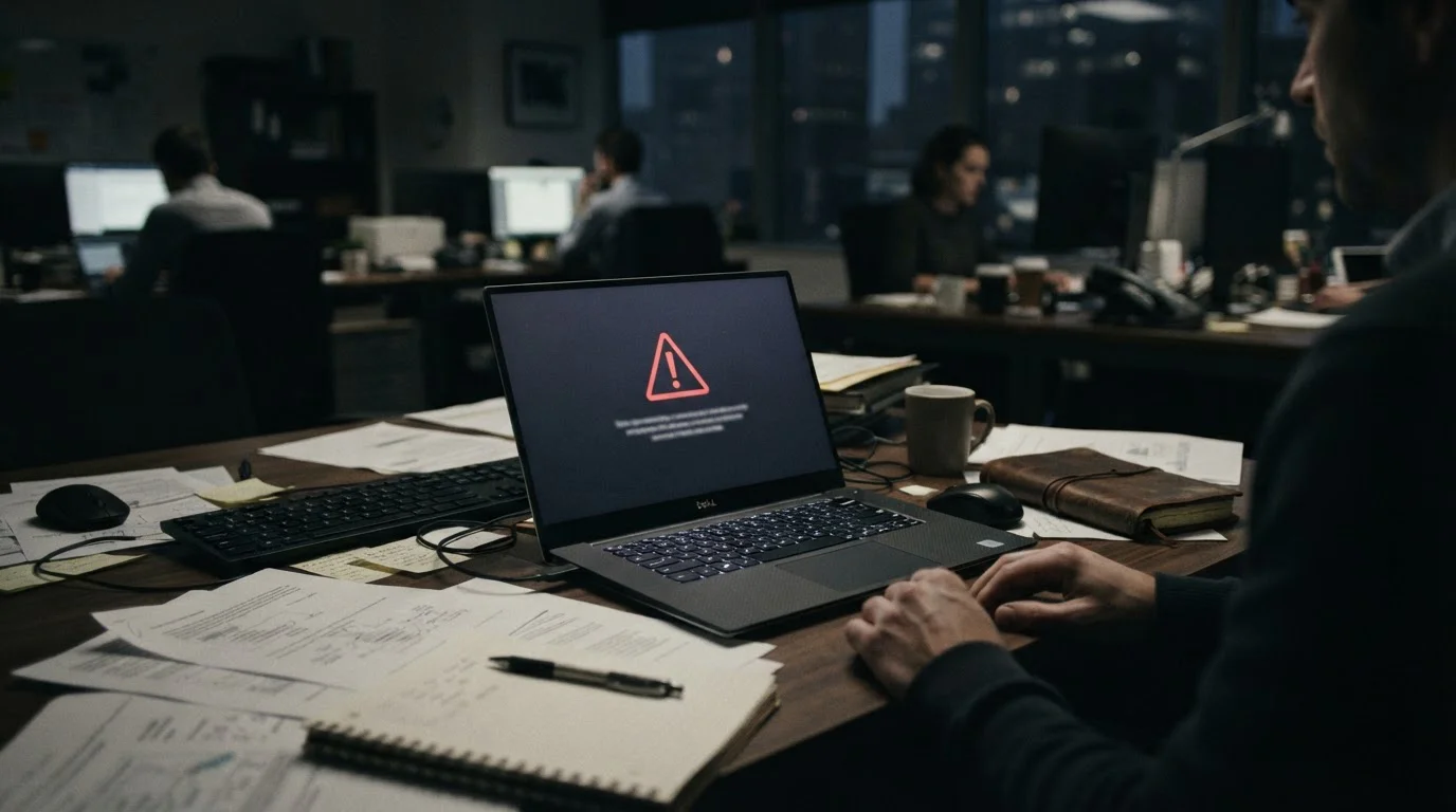 Laptop s varovným symbolem na obrazovce