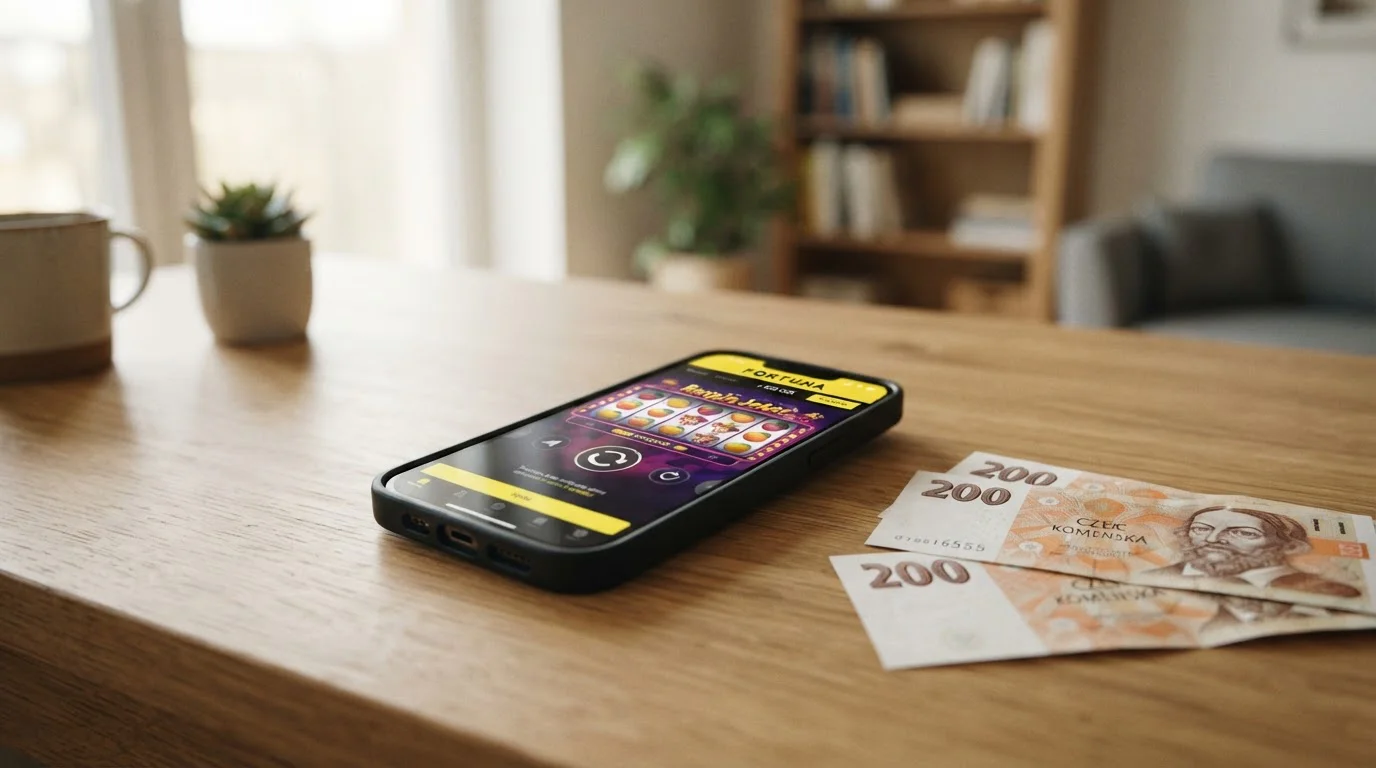Moderní smartphone s otevřenou herní aplikací kasina na displeji a bankovkami 200 Kč
