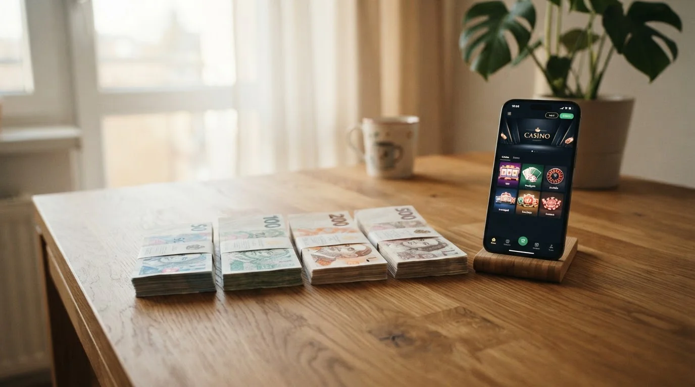 České koruny a smartphone s kasino lobby pro nízké vklady
