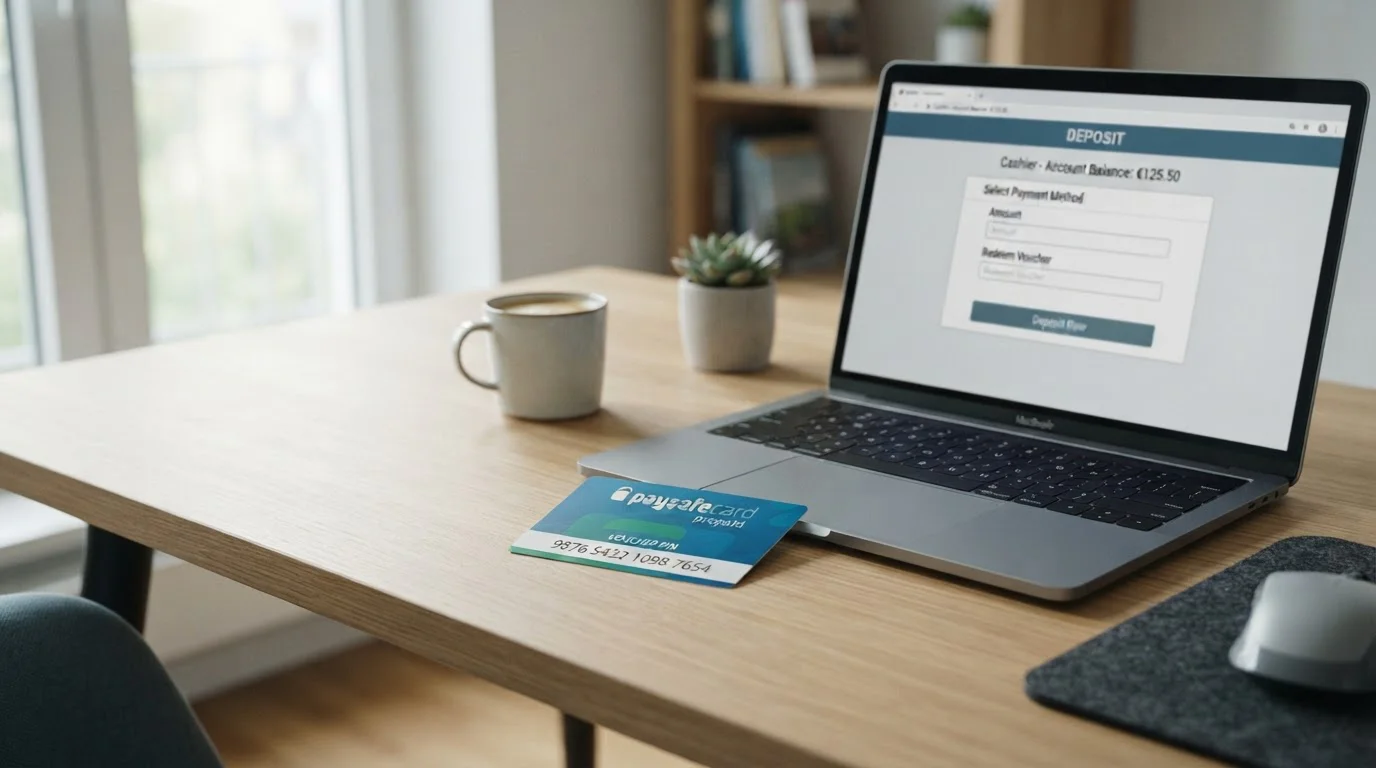 Paysafecard voucher s PIN kódem na pracovním stole vedle otevřeného notebooku